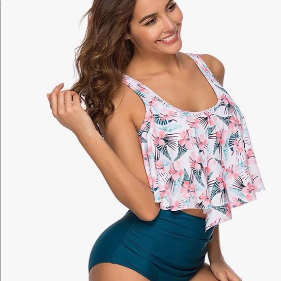 KABETY Women Two Pieces Bathing Suits Ruffled Racerback High Waisted Bikini Set - Picture 2 of 9